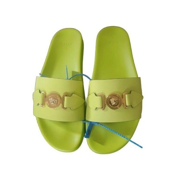 NEW Versace Gold MEDUSA HEAD Men Rubber Pool Slides Citron Green Size 10 main image 4